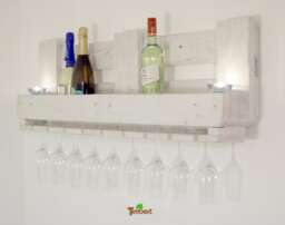 Vintage Wine Rack Made From Recycled Euro Pallets in Shabby Chic White. Pallet Furniture, Wall Shelf For Bottles With Glass Holders, Wooden Shelf