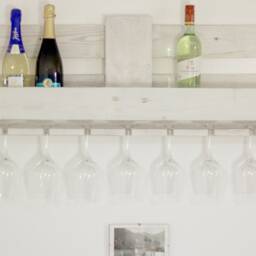Vintage Wine Rack Made From Recycled Euro Pallets in Shabby Chic White. Pallet Furniture, Wall Shelf For Bottles With Glass Holders, Wooden Shelf - thumbnail 3