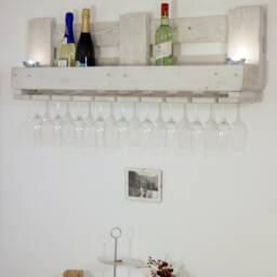 Vintage Wine Rack Made From Recycled Euro Pallets in Shabby Chic White. Pallet Furniture, Wall Shelf For Bottles With Glass Holders, Wooden Shelf - thumbnail 2