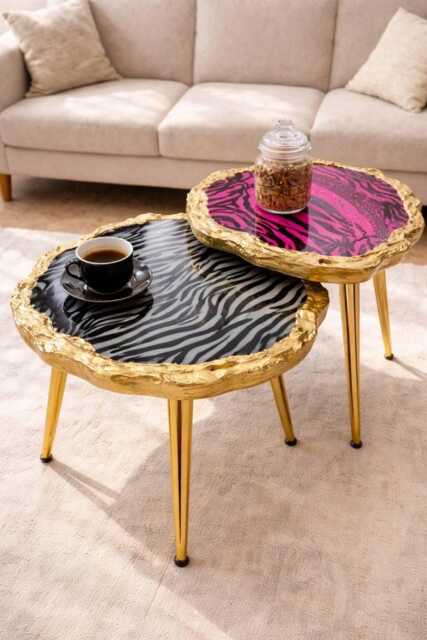 Arty Coffee Table, Handmade Epoxy Resin Pink Art Side Table , Modern Home Decor Gold Legs - image 1