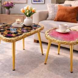 Arty Coffee Table, Handmade Epoxy Resin Pink Art Side Table , Modern Home Decor Gold Legs - thumbnail 3