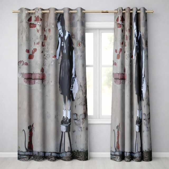 Schoolgirl Standing On Stool With Small Rat Stencil Elegant Design For Home Decor Readymade Eyelet Ring Top Thermal 100% Blackout Curtains - image 1