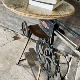 Freya Antique & Repurposed Band Saw Side Table With Reclaimed Scaffolding Board Top - Www.urbangrain.co.uk - thumbnail 3