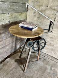 Freya Antique & Repurposed Band Saw Side Table With Reclaimed Scaffolding Board Top - Www.urbangrain.co.uk