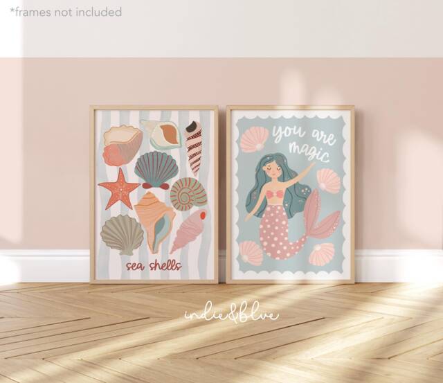 Set Of 2 Sea Prints, Shell Print, Mermaid Under The Ocean Bedroom Shells Teen Decor - image 1