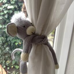 A Pair Of Crochet Monkey Curtains Tie Backs With Longer Arms, Blackout Ties, Nursery Curtains, Decoration, Decor - thumbnail 3
