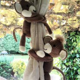 A Pair Of Crochet Monkey Curtains Tie Backs With Longer Arms, Blackout Ties, Nursery Curtains, Decoration, Decor