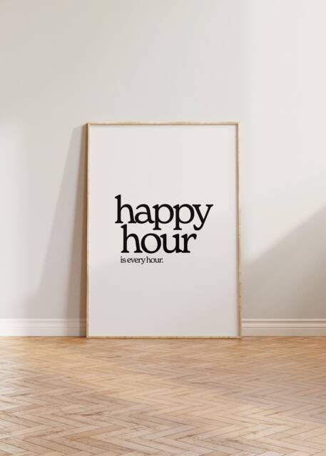 Retro Wall Print, Happy Hour Poster, Decor, Funny Quote Typographic Kitchen Art - image 1