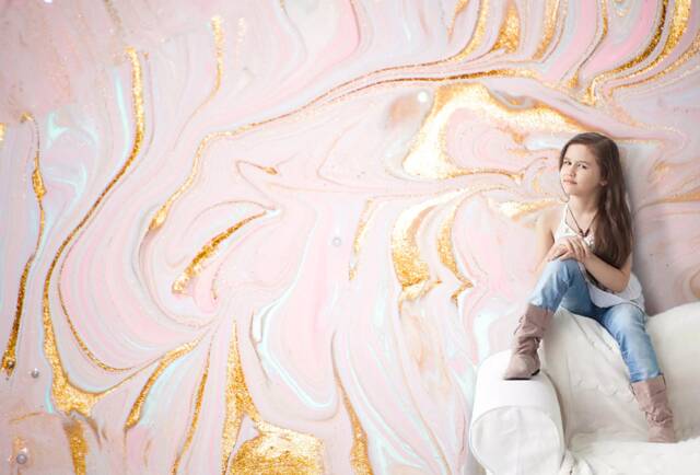 Pink Marble Wallpaper, Gold Swirl, Abstract Wall Mural - Peel & Stick - image 1