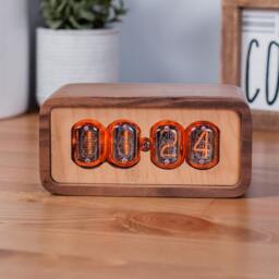 Nixie Tube Clock Walnut & Maple, Retro Modern Desk Clock, Made in Usa - thumbnail 3