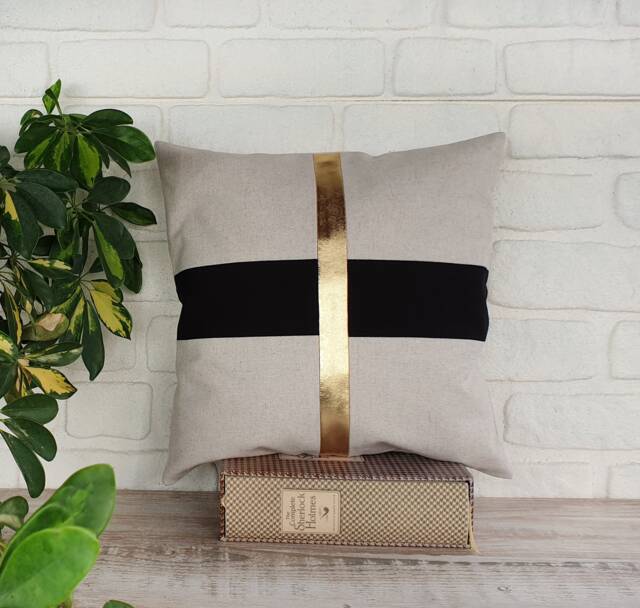 Color Block Pillow Cover Gold Faux Leather, Black Fabric, Linen - image 1