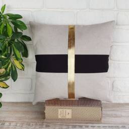 Color Block Pillow Cover Gold Faux Leather, Black Fabric, Linen - thumbnail 3