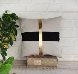 Color Block Pillow Cover Gold Faux Leather, Black Fabric, Linen - thumbnail 1