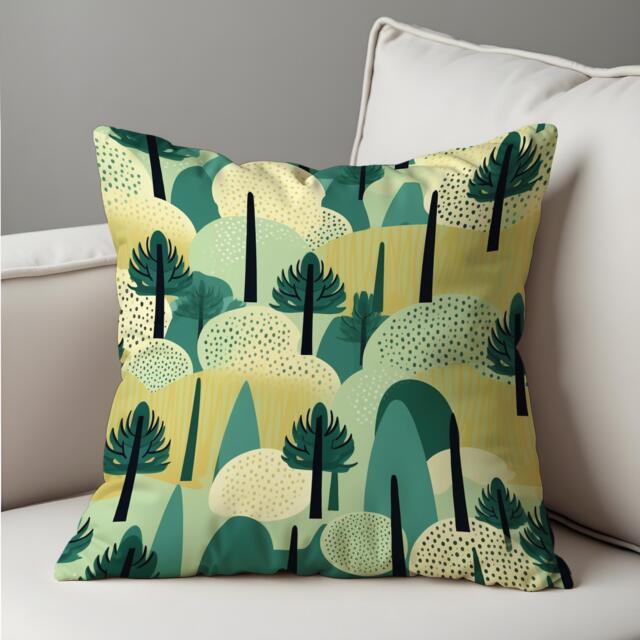 Abstract Forest Cushion Cover, Modern Green Tree & Hills Landscape Pillow Nature Inspired Or Scandinavian Decor - image 1
