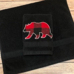 Buffalo Check Bear Appliqued Towel Red & Black Flannel - thumbnail 2