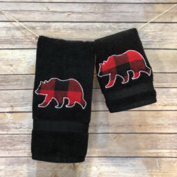 Buffalo Check Bear Appliqued Towel Red & Black Flannel