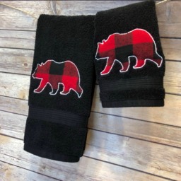 Buffalo Check Bear Appliqued Towel Red & Black Flannel - thumbnail 3