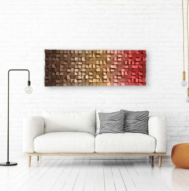 Wood Wall Art - Handmade Sound Diffuser Brown Gold Red Decor - image 1