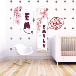 Kids Height Ruler - Growth Chart Ruler Canvas Gift For Baby Girl Room Name Pink Nursery - thumbnail 1