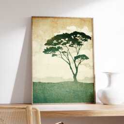 Vintage Tree Landscape Poster, Minimal Nature Wall Art, Rustic Green Forest Print, Japanese Woodblock Inspired Artwork, Calm Home Decor - thumbnail 2