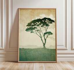 Vintage Tree Landscape Poster, Minimal Nature Wall Art, Rustic Green Forest Print, Japanese Woodblock Inspired Artwork, Calm Home Decor - thumbnail 1