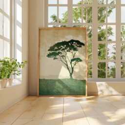 Vintage Tree Landscape Poster, Minimal Nature Wall Art, Rustic Green Forest Print, Japanese Woodblock Inspired Artwork, Calm Home Decor - thumbnail 4