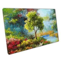 Riverside Sunset Oil Painting Abstract Textures Of Flowers Trees Nature Canvas Wall Art For Home Office Decor - thumbnail 1