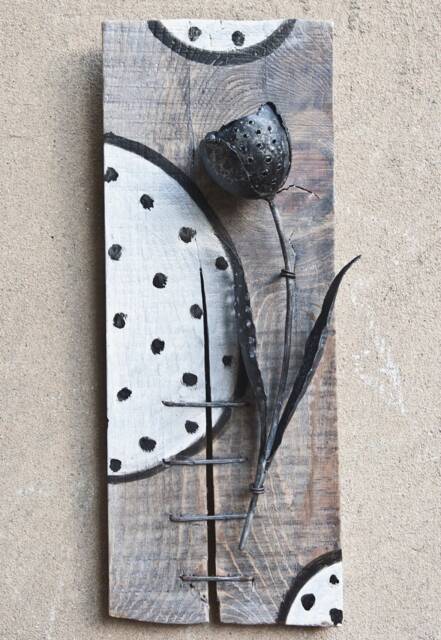 Wall Sculpture. Metal Flower, Unusual Lace Tulip On Wood Base, Polka Decore, 5Th 6Th Anniversary, By The Steel Style Things - image 1