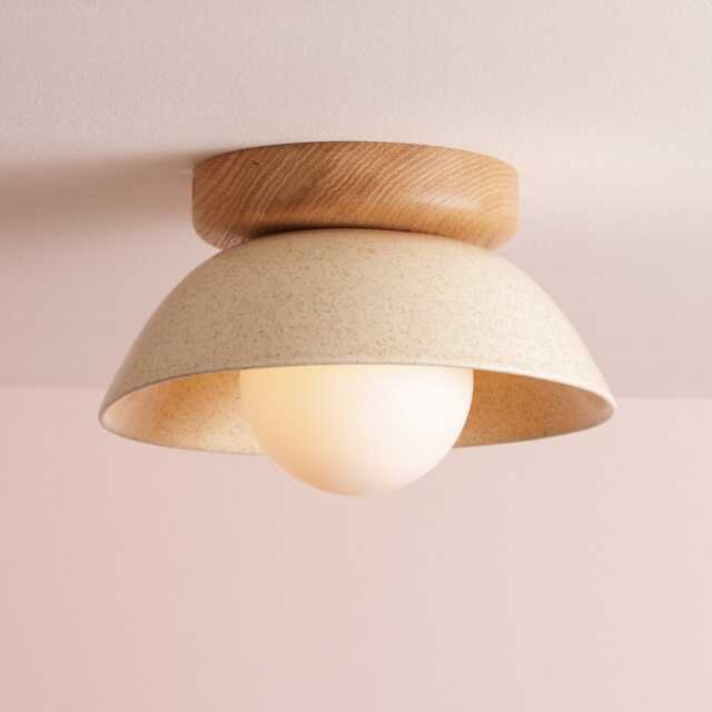 Speckled Cream Gloss Small Dawn Ceiling Light in Ceramic & Oak - image 1