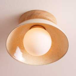 Speckled Cream Gloss Small Dawn Ceiling Light in Ceramic & Oak - thumbnail 2