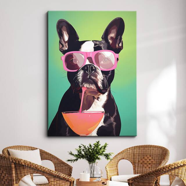 Vibrant Boston Terrier Drink With Glasses Painting Framed Poster Print & Canvas Wall Decor Art Bedroom Home Interior Dog Lover Gift - image 1