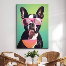 Vibrant Boston Terrier Drink With Glasses Painting Framed Poster Print & Canvas Wall Decor Art Bedroom Home Interior Dog Lover Gift - thumbnail 1