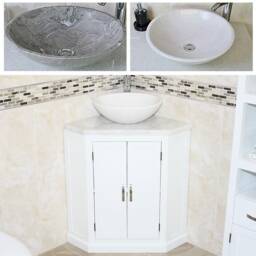 White Bathroom Vanity Unit Free Standing Corner Cabinet Marble Basin 501Bpwmsbc