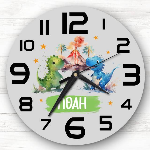 Blue Green Dinosaur Dusky Grey Boys Personalised Gift Clock - image 1