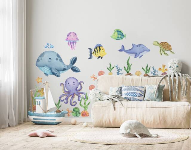 Kids Undersea Wall Decal Cute Whale With Sea Animals Sticker Peel & Stick - image 1