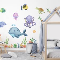 Kids Undersea Wall Decal Cute Whale With Sea Animals Sticker Peel & Stick - thumbnail 2