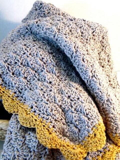 Crochet Baby Blanket, Contemporary Grey With Yellow Contrast Edging, Crib Afghan, Christening Heirloom - image 1