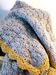 Crochet Baby Blanket, Contemporary Grey With Yellow Contrast Edging, Crib Afghan, Christening Heirloom - thumbnail 1