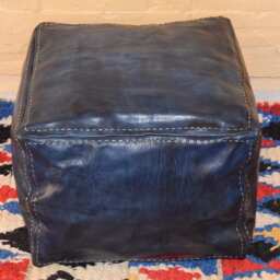 Leather Ottoman Pouf, Square Dark Blue Jeans Pouf, Handmade Footstool, Berber Floor Cushion - thumbnail 2