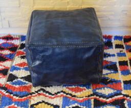 Leather Ottoman Pouf, Square Dark Blue Jeans Pouf, Handmade Footstool, Berber Floor Cushion