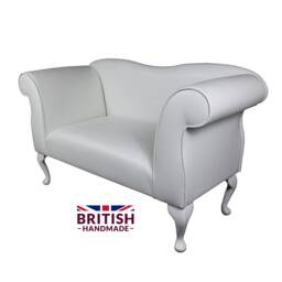 Small Chaise Longue Wingback Queen Anne Sofa in A White Faux Leather Fabric - British Handmade