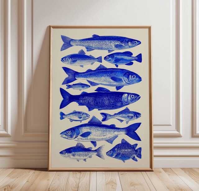 Blue Fish Poster, Vintage Style Print, Coastal Wall Art, Nautical Illustration, Ocean Decor, Marine Life Fishing Cabin Art - image 1