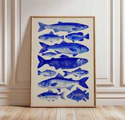 Blue Fish Poster, Vintage Style Print, Coastal Wall Art, Nautical Illustration, Ocean Decor, Marine Life Fishing Cabin Art - thumbnail 1