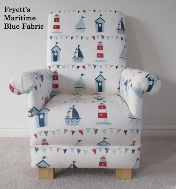 Handcrafted Nautical Children's Chair Fryetts Maritime Blue Fabric Armchair Boys Girls Seat Seagulls - image 1