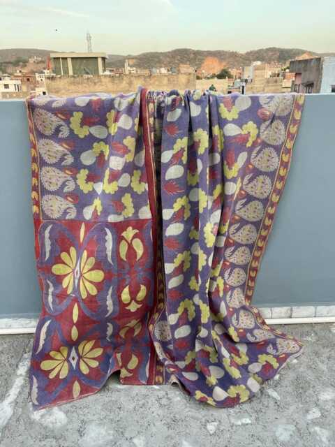 Handmade Block Print Patchwork Reversible Cotton Kantha Quilt Lightweight Blanket - image 1