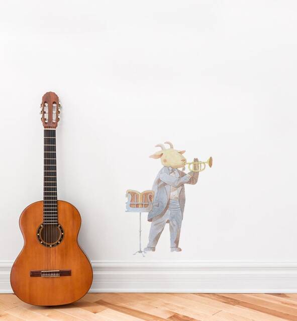 Goat Learning Trumpet Wall Sticker Decal - Kids Stickers, Animals Childrens Decals, Art, Room, Girl, Boy