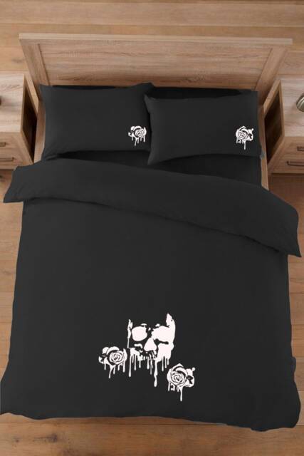 Gothic Black With White Dripping Skull & Roses Duvet Cover Bedding in Double Or King - image 1