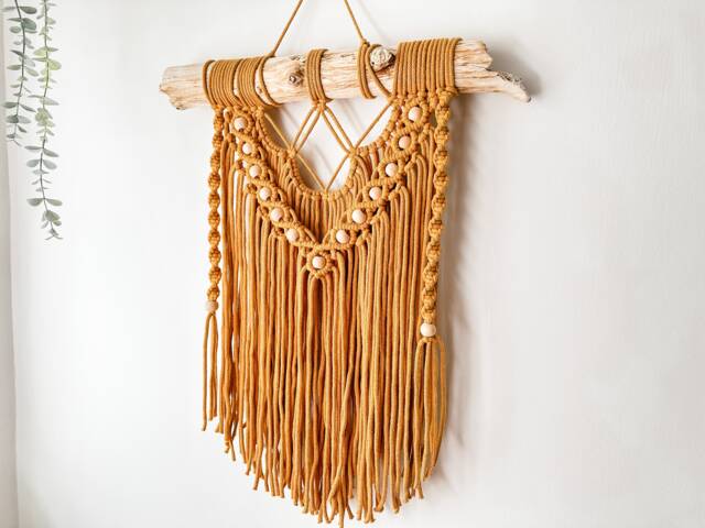 Autumn Sun, Mustard Macrame Wall Hanging With Wooden Beads, Yellow Tapestry, Neutral Boho Home Decor, Unique Ready To Ship, Gift - image 1