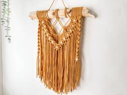 Autumn Sun, Mustard Macrame Wall Hanging With Wooden Beads, Yellow Tapestry, Neutral Boho Home Decor, Unique Ready To Ship, Gift - thumbnail 1