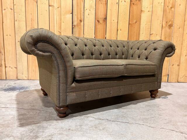 2 Seater Sage Green Tweed Fabric Chesterfield Sofa, Settee - British Handmade - image 1